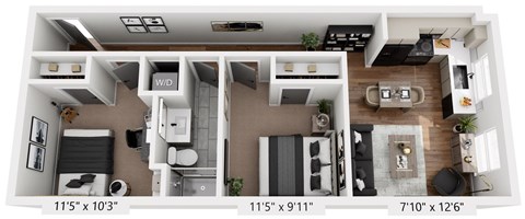 Floor plan for 2 beds, 1 bath, 594 sqft